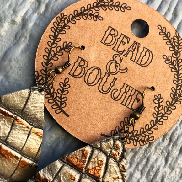 Metallic Silver and Brown Genuine Embossed Leather Teardrop Dangle Earrings - Picture 9 of 9